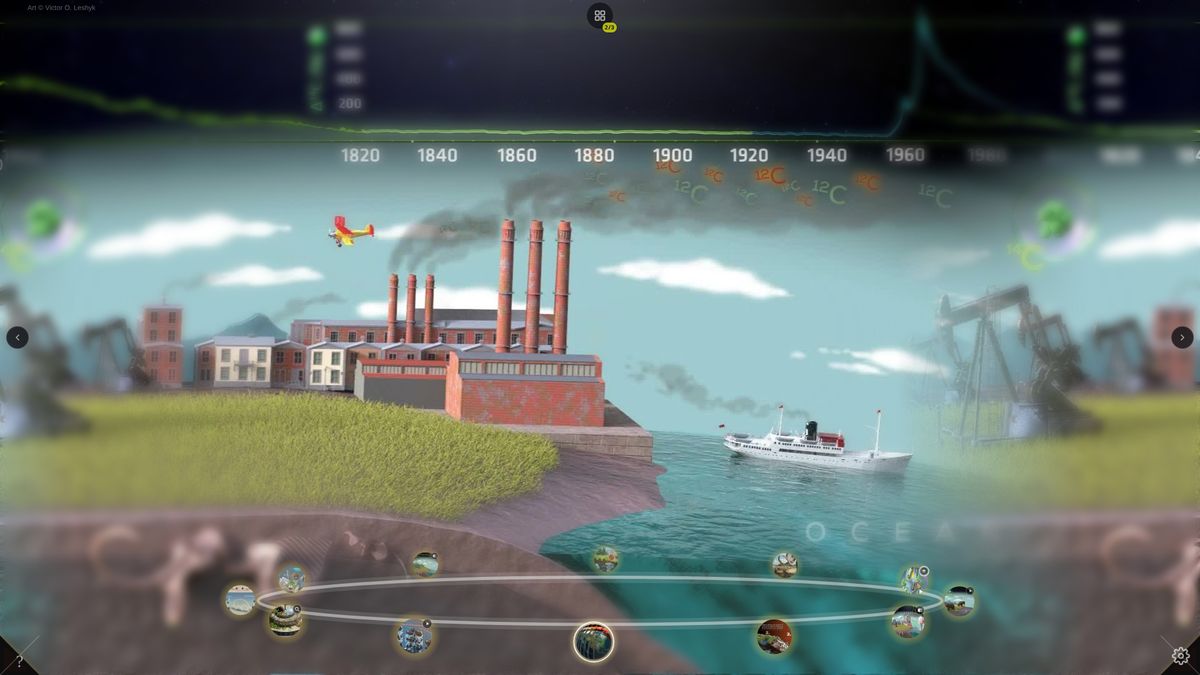 The carbon story’s industrial age, smokestacks over the shore